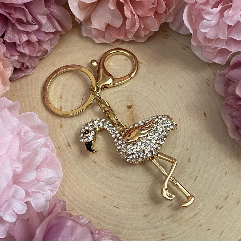 Whimsical Gold & Silver Crystal Flamingo Keychain Charm - Picture 6 of 14